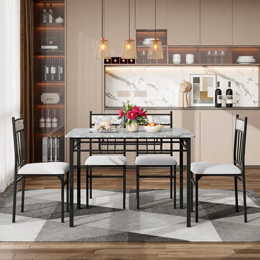 Costway 5 Items Faux Marble Dining Set Table Solid High-Carbon Steel Frame, HW61424