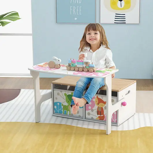 Costway 3 1 Kids Convertible Activity Bench 2 Removable Fabric Bins, Snow White, TP10175WH