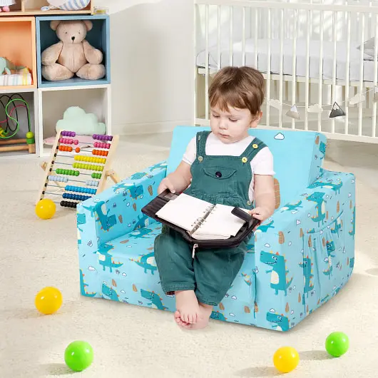 Costway Kids Recliner Sofa Converts to Sleeper Bed Boys Girls, Navy Blue, HY10209GN