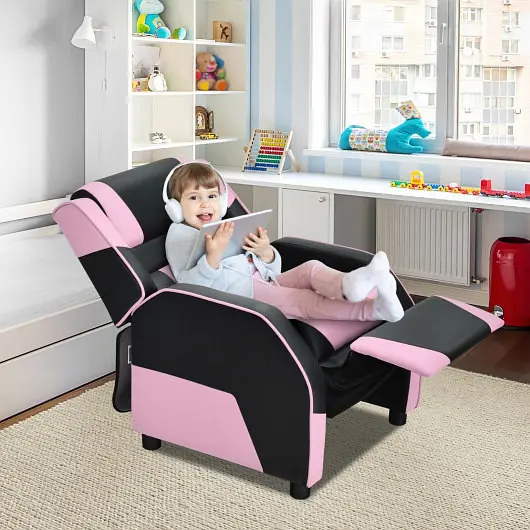 Costway Kids Youth PU Leather Gaming Sofa Recliner Headrest and Footrest, Dowel Blush, HW66874PI
