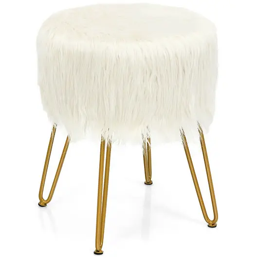 Costway King-Size Faux Fur Vanity Stool Chair Metal Legs Bedroom and Living Room, White, HW67639WH
