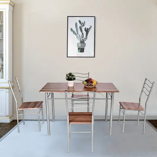 Costway Knurled 5 Quantity Wood Metal Dining Table Set 4 Chairs, Walnut, HW55389NA