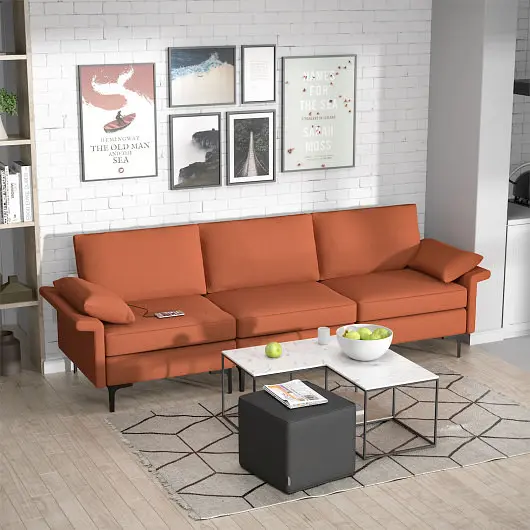 Costway Large 3, Seat Sofa Sectional Metal Legs and 2 USB Ports 3-4 people, Red, HV10301RE-+HV10301RE-B+HV10301US-RE-C