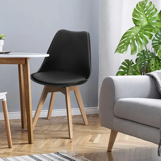 Costway Large Set 4 Dining Chairs Mid-Century Modern Shell PU Seat Wooden Legs, Midnight Black, HW67271BK-4