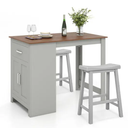 Costway Micro 3-Piece Bar Table Set 2 2 Saddle Stools Dining Room, Charcoal, JV10877LR+JV10878LR
