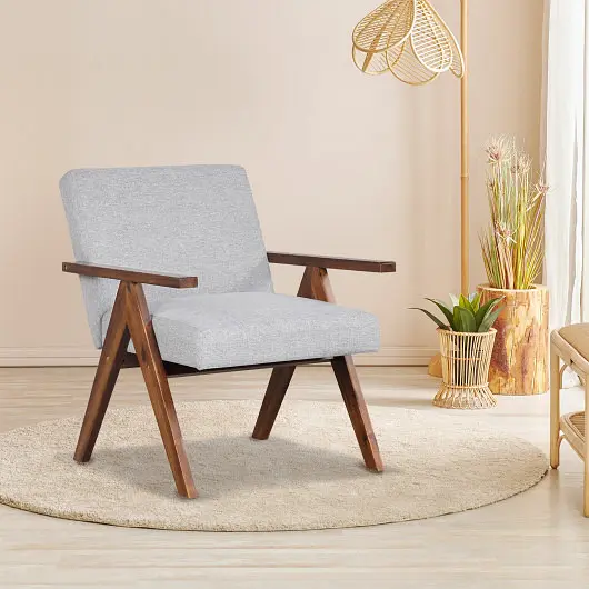 Costway Modern Accent Chair Linen Fabric Armchair Solid Acacia Wood Frame, Gray, JV11516GR