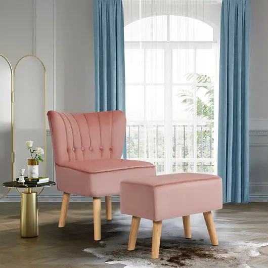 Costway Modern Accent Chair Ottoman Set Footstool, Spring Pink, HW66376PI