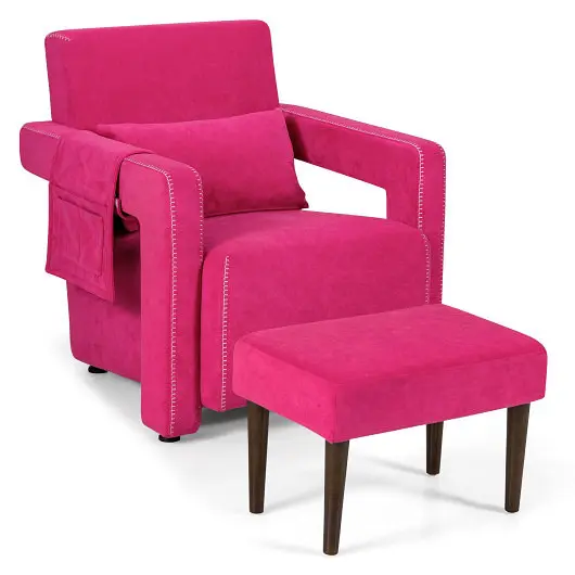 Costway Modern Berber Fleece Single Sofa Chair Ottoman and Waist Pillow, Scarlet, HV10107RE