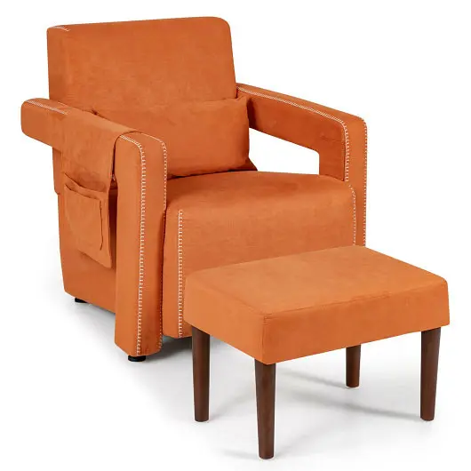 Costway Modern Berber Fleece Single Sofa Chair Ottoman and Waist Pillow, Bright Orange, HV10107OG
