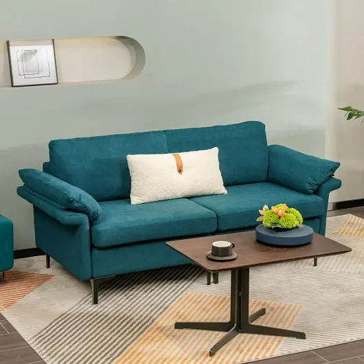 Costway Modern Fabric Loveseat Sofa Metal Legs and Armrest Pillows, Peacock Blue, HV10301TU-+HV10301TU-B