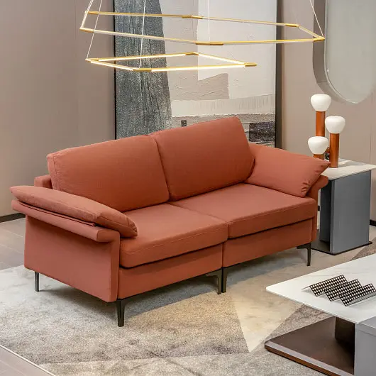 Costway Modern Fabric Loveseat Sofa Metal Legs and Armrest Pillows, Rust Ruby, HV10301RE-+HV10301RE-B