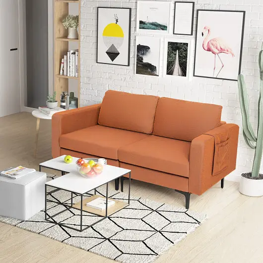 Costway Modern Loveseat Sofa Couch Side Storage Pocket and Sponged Padded Seat Cushions, Orange, HV10299OG-+HV10299OG-B
