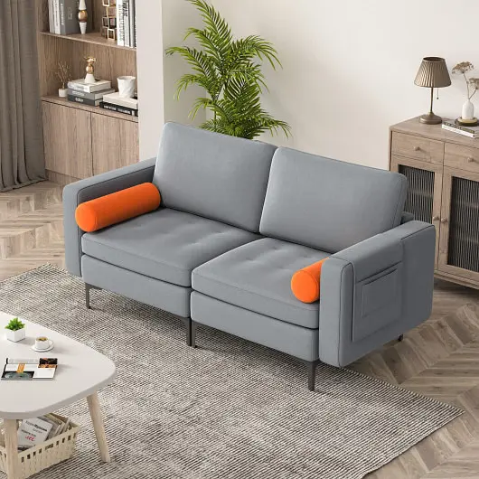 Costway Modern Loveseat Sofa 2 Strengthens and Side Storage Pocket, Gray, HV10310OG-+HV10310OG-B