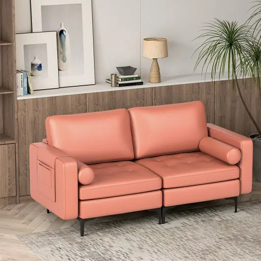 Costway Modern Loveseat Sofa 2 Strengthens and Side Storage Pocket, Hitch Pink, HV10310RE-+HV10310RE-B