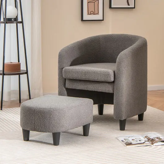 Costway Modern Upholstered Barrel Teddy Velvet Chair Ottoman, Gray, JV11282GR