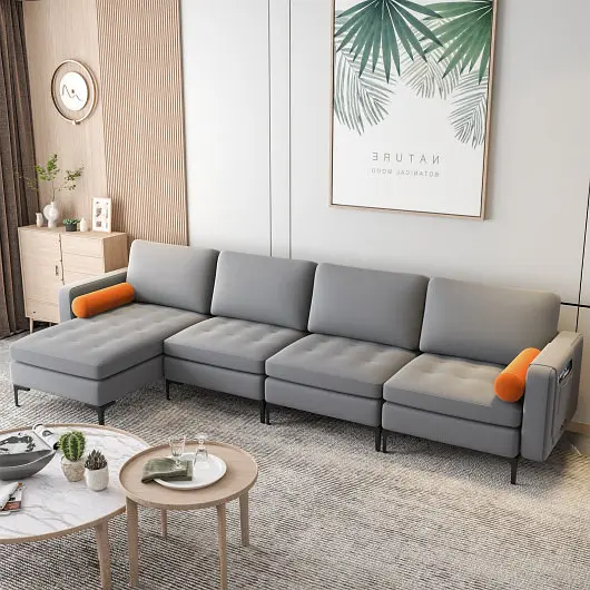 Costway Modular L, Influenced 4, Seat Sectional Sofa Reversible Chaise and 2 USB Ports, Grey, HV10310OG-+B+E+D