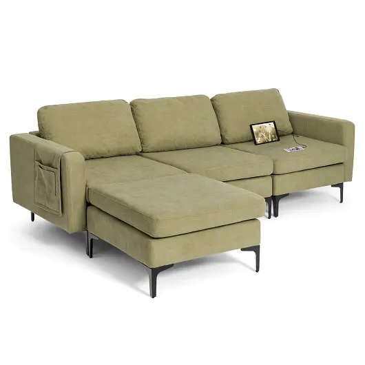 Costway Modular L, Influenced Sectional Sofa Reversible Chaise and 2 USB Ports, Sage, HV10299YE-+HV10299YE-B+HV10299US-YE-D