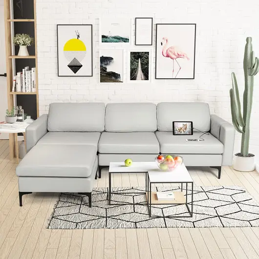 Costway Modular L, Influenced Sectional Sofa Reversible Chaise and 2 USB Ports, Light Gunmetal, HV10299SL-+HV10299SL-B+HV1...