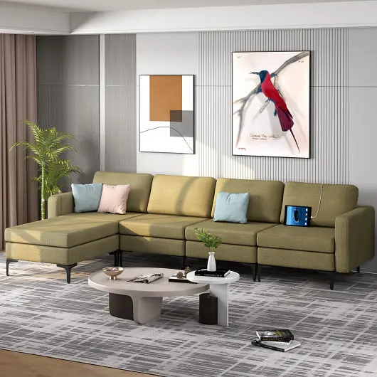 Costway Modular L, Influenced Sectional Sofa Reversible Ottoman and 2 USB Ports, Forest Green, HV10299YE-+B+E+D