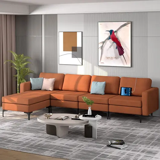 Costway Modular L, Influenced Sectional Sofa Reversible Ottoman and 2 USB Ports, Orange, HV10299OG-+B+E+D