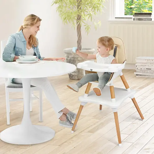 Costway No-Tool 5--1 Baby Wooden Convertible High Chair, Khaki, BB0484SA