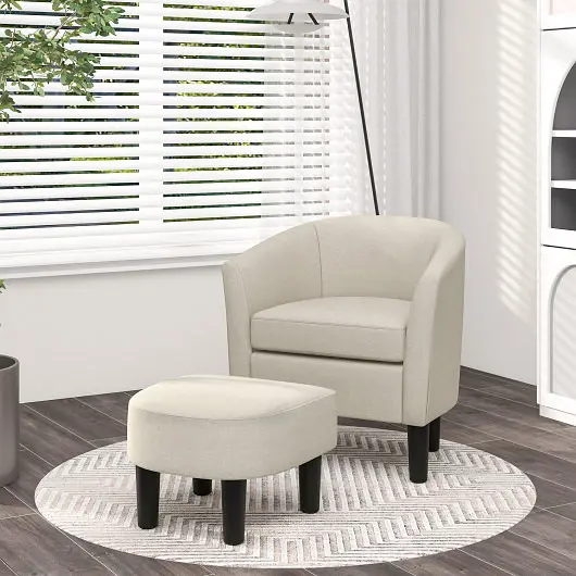 Costway No-Tool Barrel Club Chair Ottoman Set Linen Fabric Accent Chair Footrest, Beige, HV10552BE