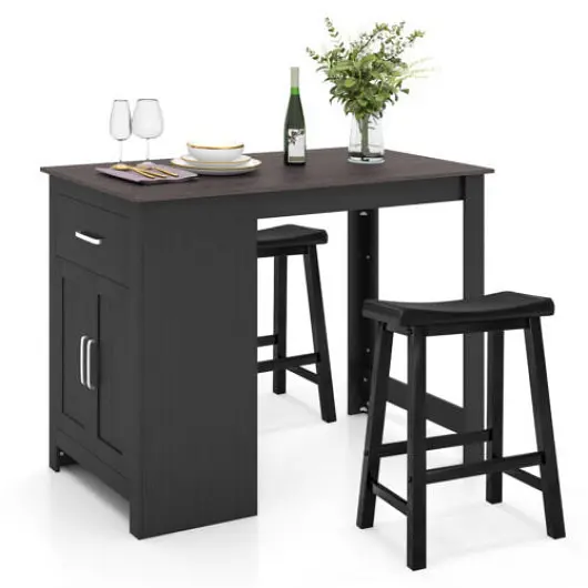 Costway OSHA-Compliant 3-Piece Bar Table Set 2 2 Saddle Stools Dining Room, Black, JV10877BK+JV10878BK
