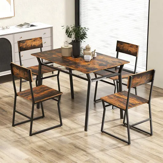 Costway 5 Piece Dining Table Set Storage Rack and Metal Frame, Coffee, KC56047CF+