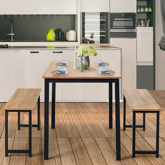 Costway 3 Pieces Dining Table Set 2 Benches Dining Room Kitchen Bar, Natural, KC55455NA