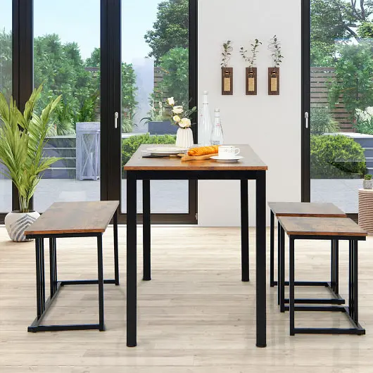 Costway 4 Pieces Industrial Dining Table Set Bench and 2 Stools, Brown, JV10527CF