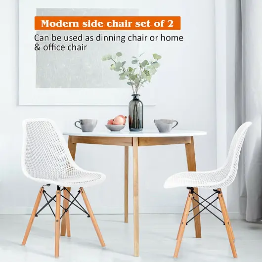 Costway 2 Pieces Modern Acetal Hollow Chair Set Wood Leg, Off-White, HW67068WH-2