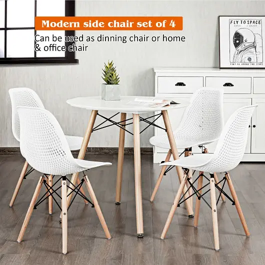 Costway 4 Pieces Modern Polymer Hollow Chair Set Wood Leg, Snow White, HW67068WH-4