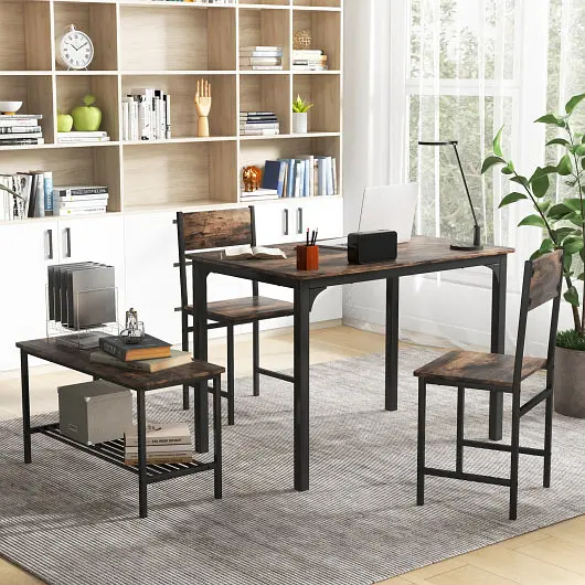 Costway 4 Pieces Rustic Dining Table Set 2 Chairs and Bench, Rustic Brown, KC55737CF