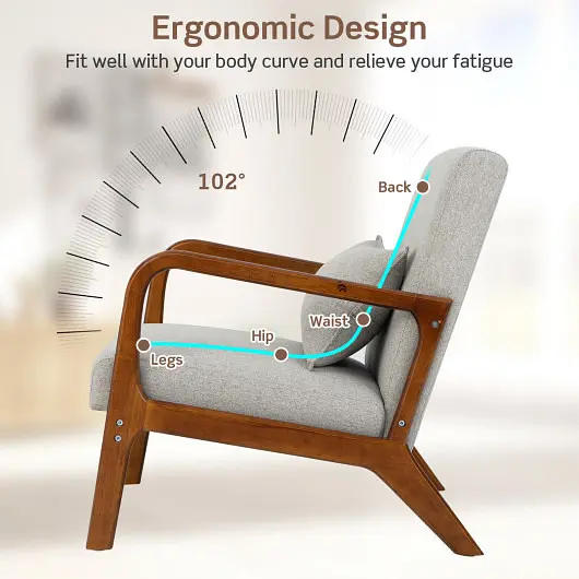 Costway Powerful Modern Accent Chair Rubber Wood Frame and Lumbar Pillow, Gray, JV10730GR