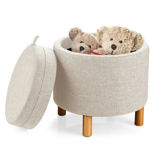 Costway Powerful Round Fabric Storage Ottoman Tray and Non, Slip Pads Bedroom, Beige, JZ10005BE