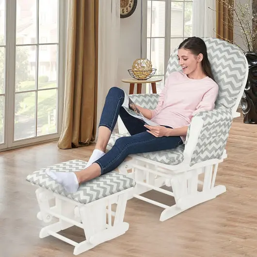 Costway Proven Wood Glider and Ottoman Set Padded Armrests and Detachable Cushion, Gray and Off-White, JV10394GW