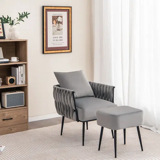 Costway Quality Modern Dutch Velvet Accent Chair and Ottoman Set Weaved Back and Arms, Gray, HV10502GR