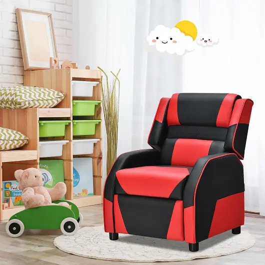 Costway Quick-Release Kids Youth PU Leather Gaming Sofa Recliner Headrest and Footrest, Red, HW66874RE