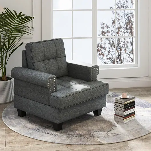 Costway Ribbed Mid-century Modern Accent Armchair Tufted Linen Club Chair, Gray, HV10532GR