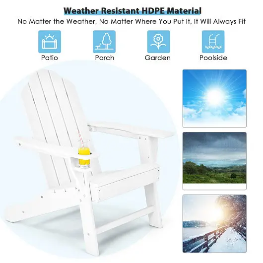 Costway Robust Outdoor Adirondack Chair Constructed- Cup Holder Backyard Porch, White, NP10292WH
