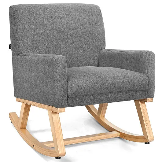 Costway Robust Upholstered Rocking Chair and Solid Wood Base, Gray, HW67036GR
