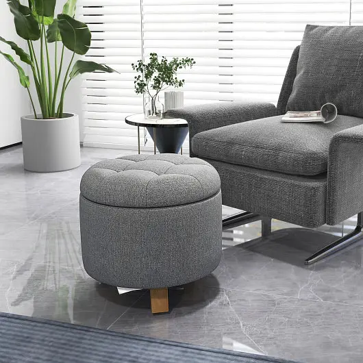 Costway Robust Upholstered Round Ottoman Solid Rubber Feet, Gray, JV11147GR