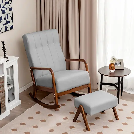 Costway Rocking Chair Ottoman and Solid Neoprene Wood Frame and Padded Cushion, Gray, JV11150GR