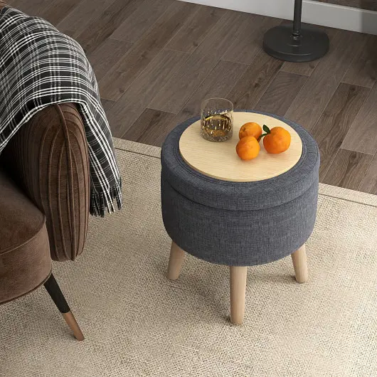 Costway Round Storage Ottoman Rubber Wood Legs and Adjustable Foot Pads, Gray, JV10911GR