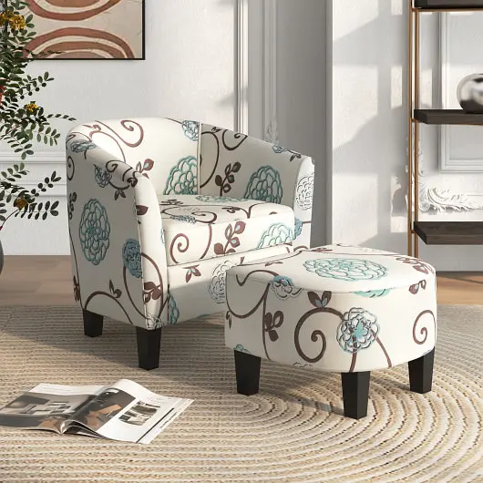 Costway Rust-Resistant Modern Accent Tub Chair and Ottoman Set Fabric Upholstered, Grey, JV11600BE