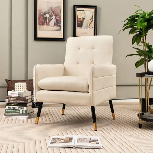 Costway Scratch-Resistant Linen Fabric Accent Chair Removable Seat Cushion, Cream, HV10505WH