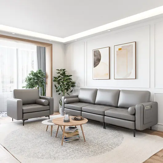 Costway 3, Seat Sofa Sectional Side Storage Pocket and Metal Leg, Light Graphite, HV10310HS-+HV10310HS-B+HV10310HS-E