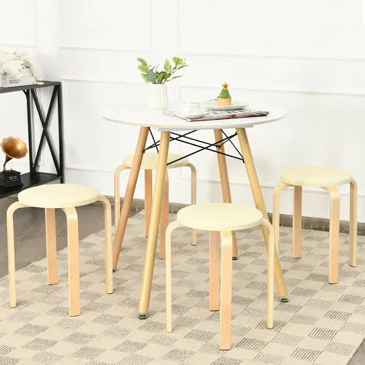 Costway Set 4 Bentwood Round Stool Stackable Dining Chairs Padded Seat, Beige, HW65146NA