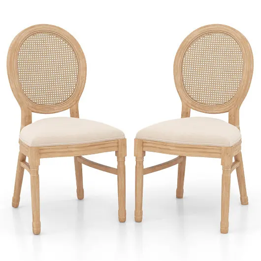 Costway Set 2 Dining Chairs French Style Kitchen Chair Hand-Woven Rattan Backrest, Beige, JV11416BE-2