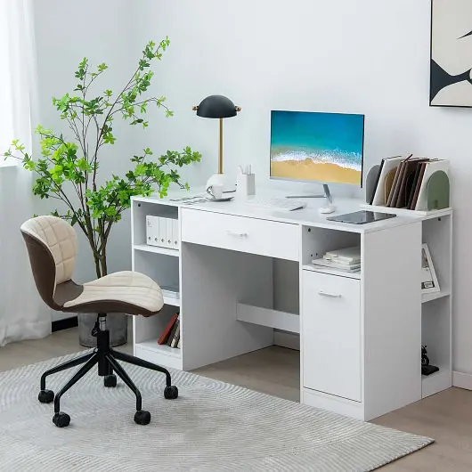 Costway Sewing Craft Table Home Office Computer Desk Storage Shelves and Drawer, HW66209WH+
